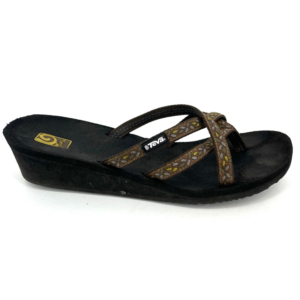 Teva Women's 10 Brown Green Strap Thong Wedge Sandal - Picture 2 of 9